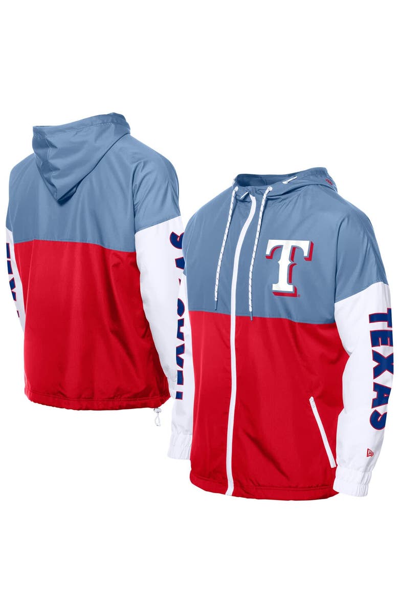 New Era Men's New Era Red/Light Blue Texas Rangers Color Block Full-Zip Hoodie Windbreaker, Alternate, color,