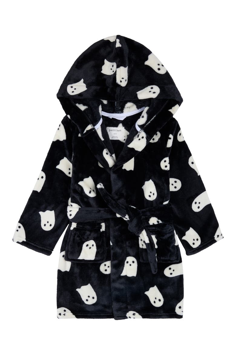 Kids' Ghost Print Hooded Plush Robe, Main, color, BLACK