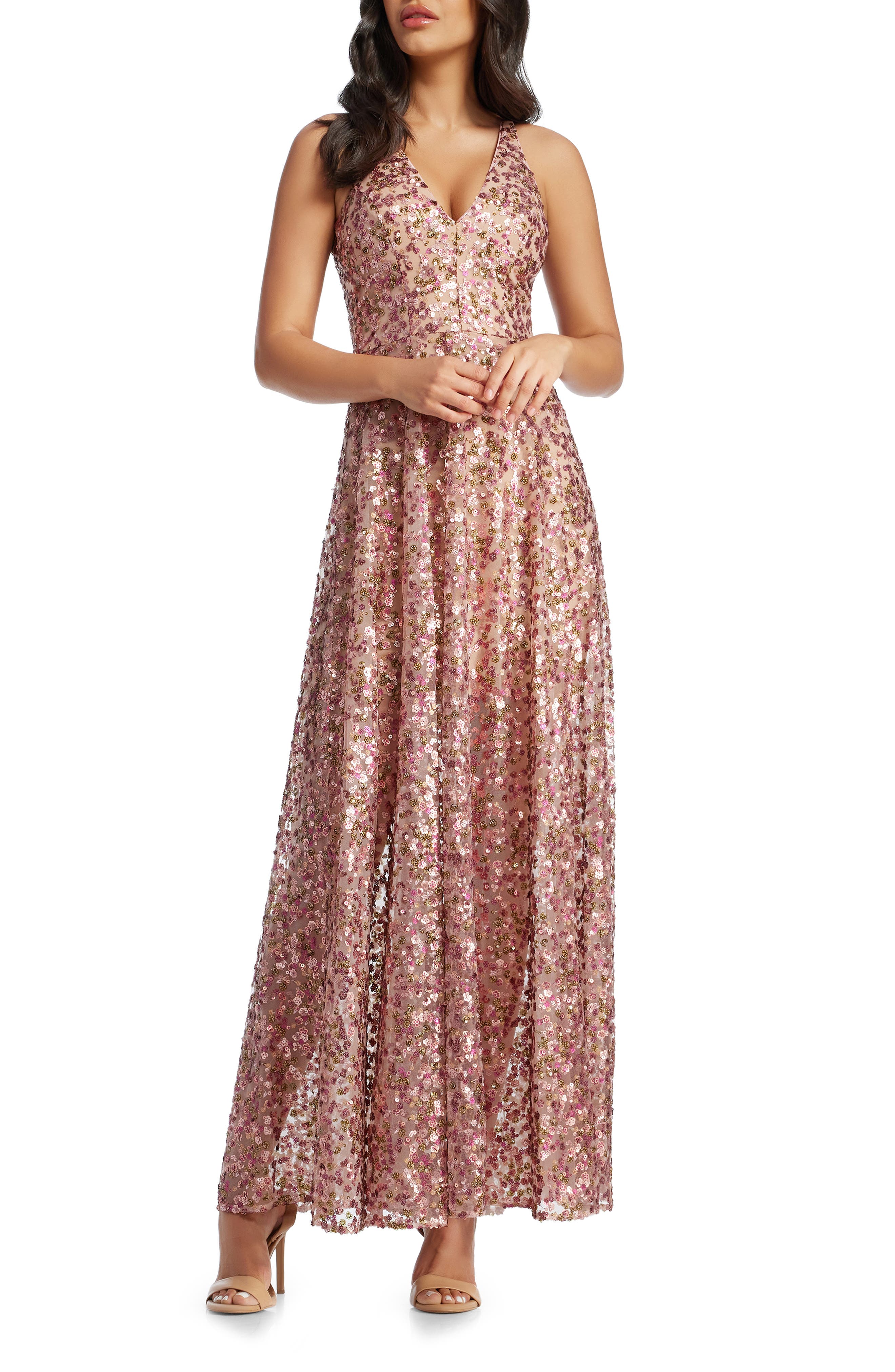 Dress the Population Ariyah Sequin Embroidered Ballgown in Blush Multi 
