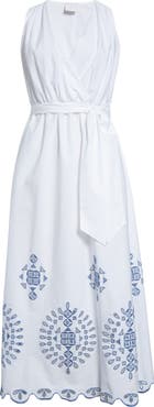 Eleventy Embroidered Stretch Poplin Faux Wrap Dress
