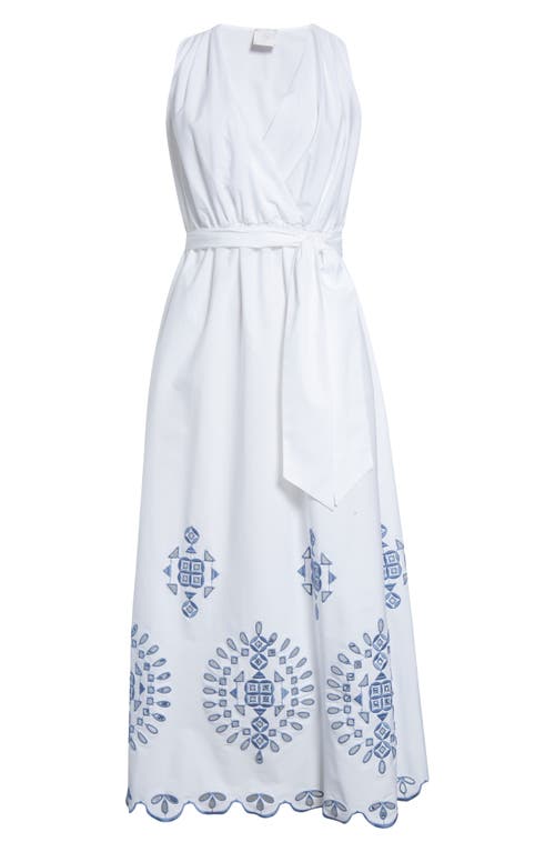 Eleventy Embroidered Stretch Poplin Faux Wrap Dress In White And Dust