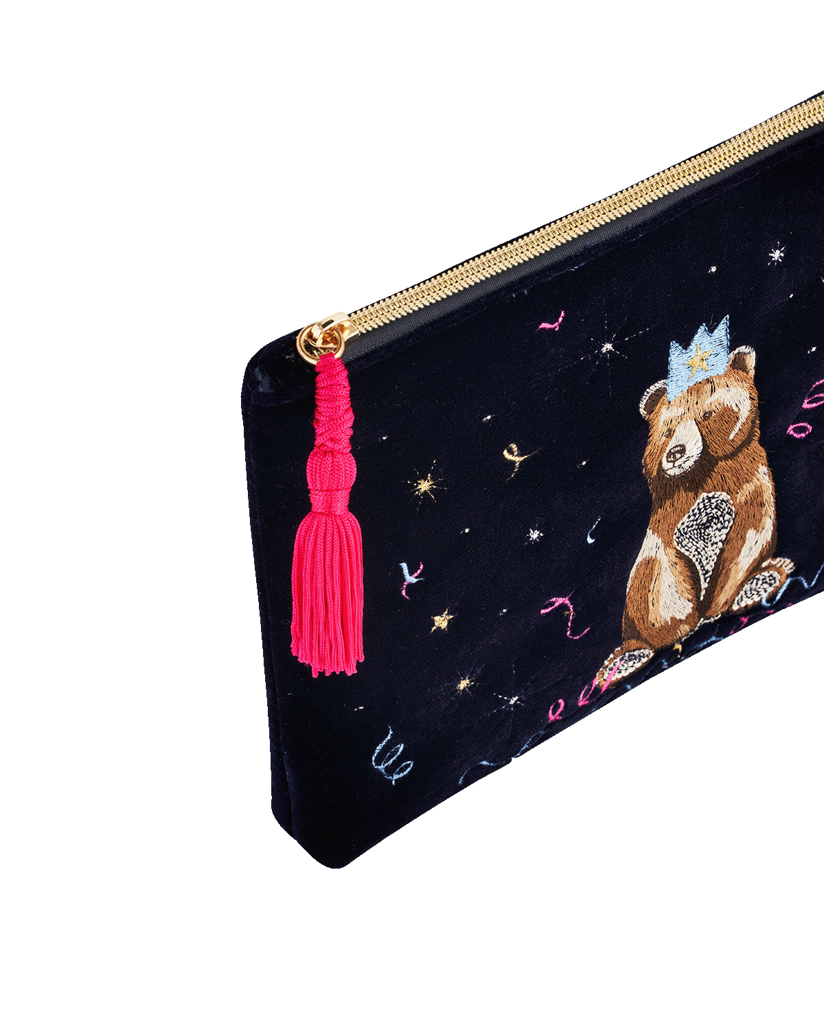 Fable England Party Bear Embroidered Blue Medium Pouch, Alternate, color, Midnight Blue