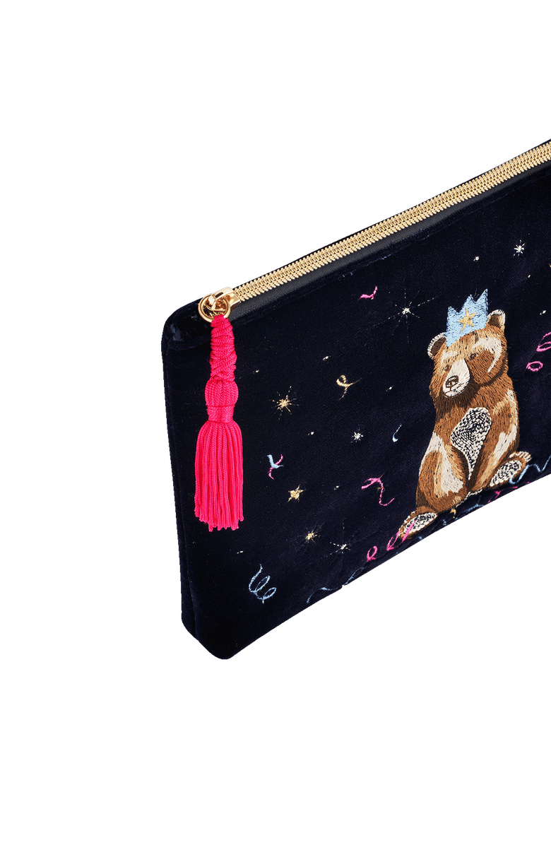 Fable England Party Bear Embroidered Blue Medium Pouch, Alternate, color, Midnight Blue
