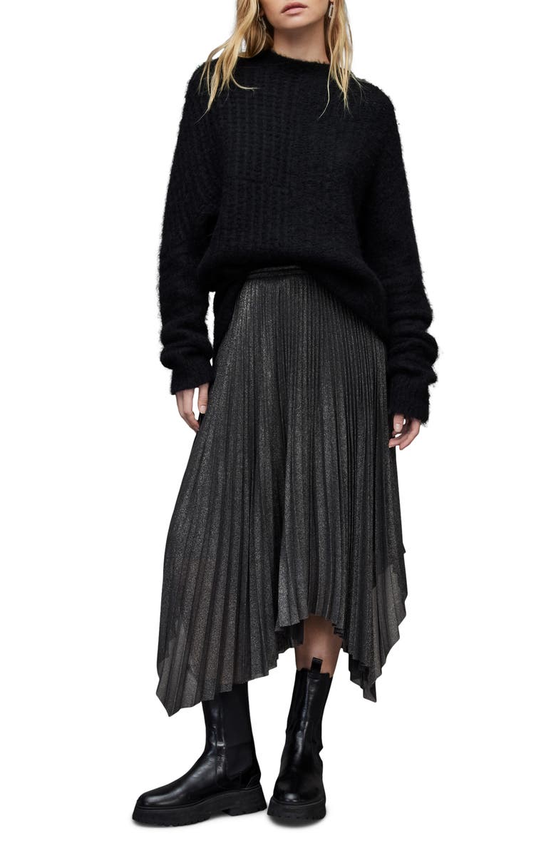 AllSaints Lerin Metallic Pleated Handkerchief Hem Skirt, Alternate, color, 