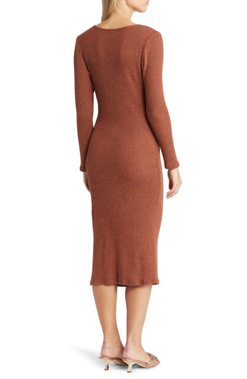 Loveappella Long Sleeve Faux Wrap Midi Dress In Brown