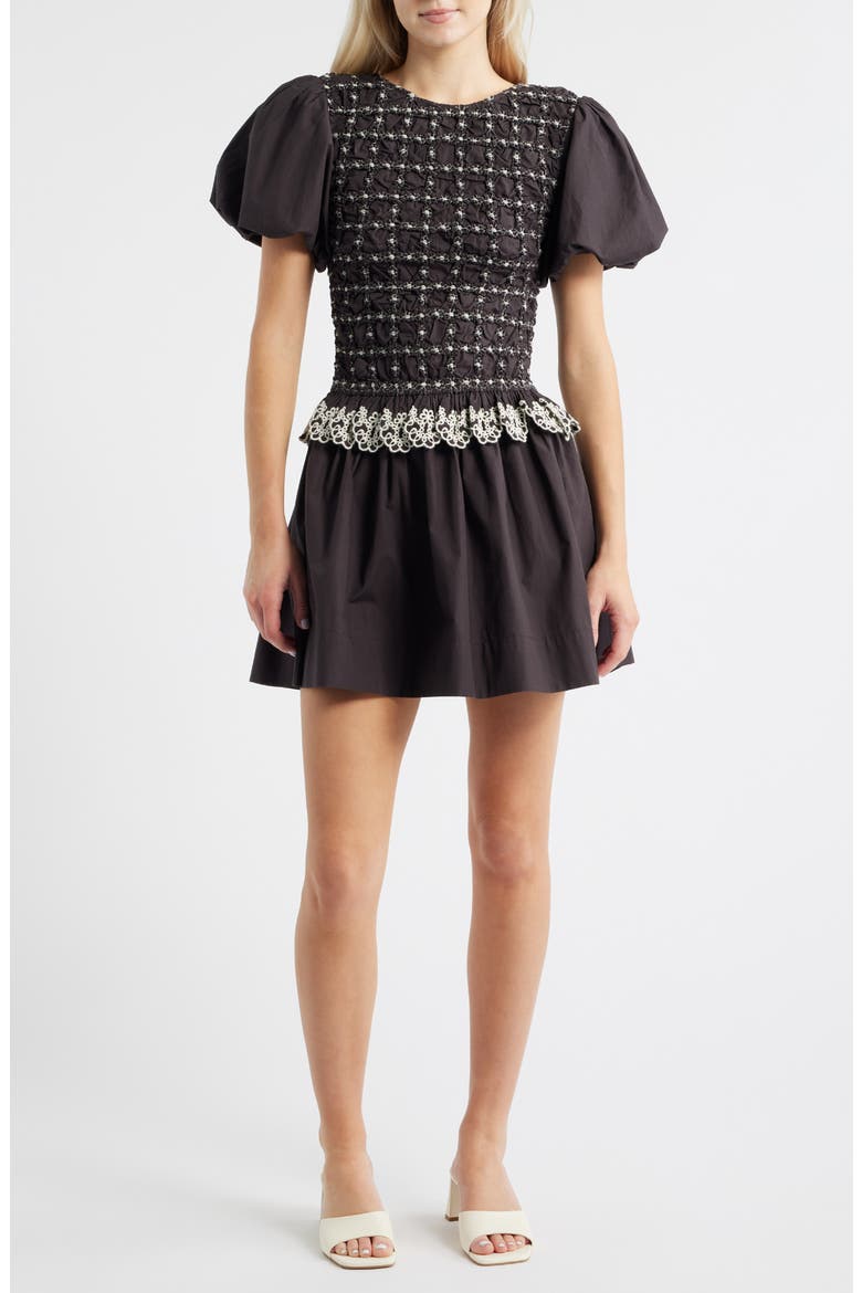 Audrey Smocked Puff Sleeve Organic Cotton Minidress, Main, color, BLACK