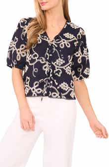CeCe Embroidered Puff Sleeve Cotton Top
