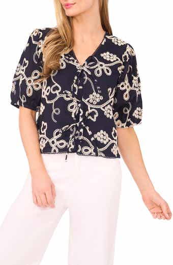 CeCe Embroidered Puff Sleeve Cotton Top