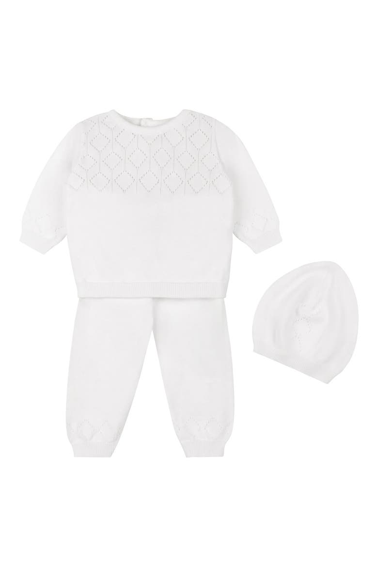 Lux Cotton Pointelle Top, Pants & Hat Set, Main, color, WHITE