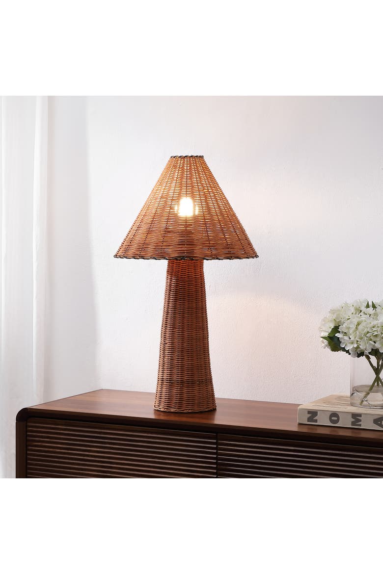 Kara 26.5" Modern Coastal Woven Rattan Tapered Cylinder LED Table Lamp, Alternate, color, Dark Brown