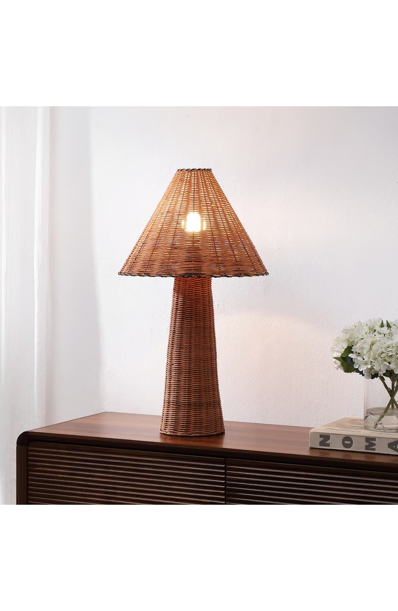 JONATHAN Y Kara 26.5" Modern Coastal Woven Rattan Tapered Cylinder LED Table Lamp, Alternate, color, Dark Brown