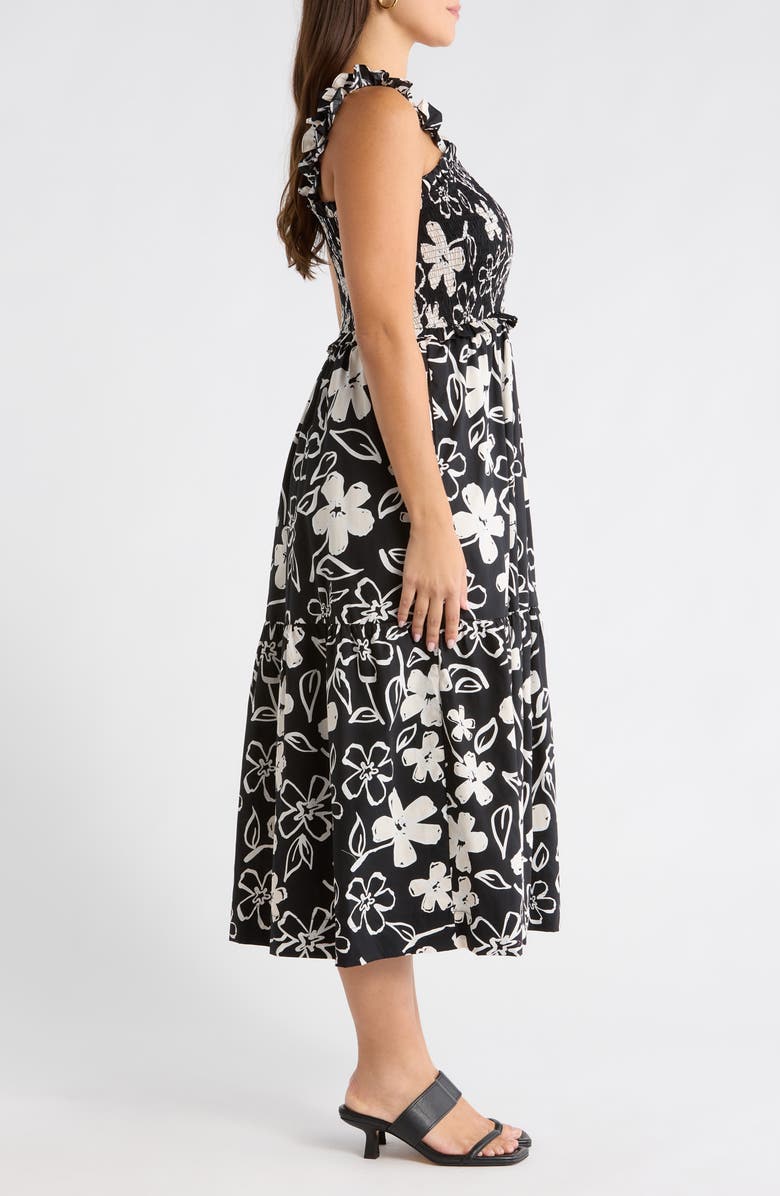 SUGARLIPS Kianza Floral Ember Smocked Midi Dress, Alternate, color, Black-White