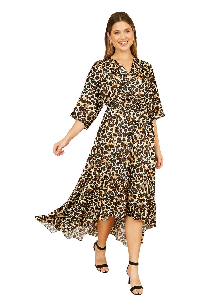 Yumi Leopard Print Kimono Sleeve Wrap Dress, Main, color, Brown
