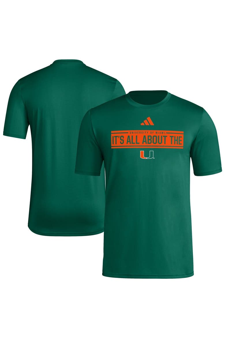Men's adidas  Green Miami Hurricanes Locker Slogan Pre-Game T-Shirt, Main, color, Green