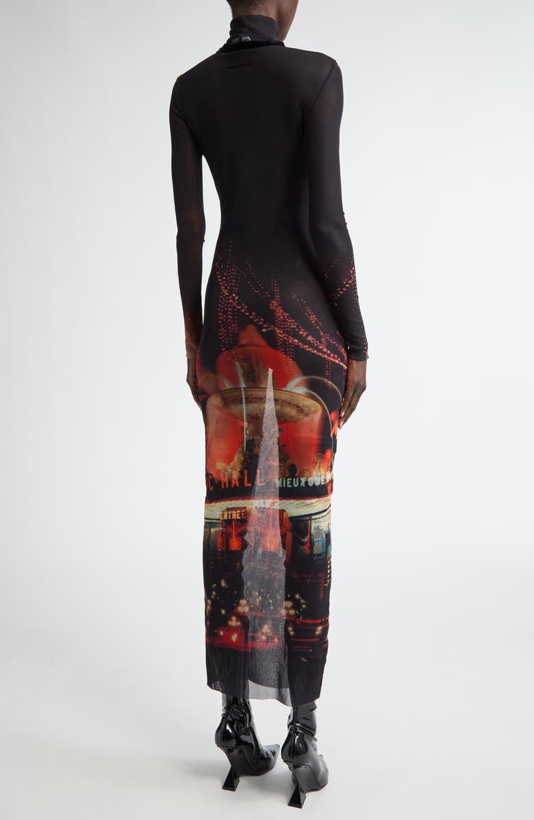 Jean Paul Gaultier City Print Long Sleeve Sheer Mesh Turtleneck Dress, Alternate, color, 