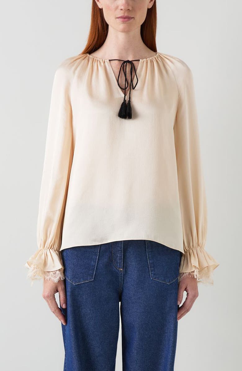 LK Bennett Willa Long Sleeve Woven Shirt, Main, color, Ivory