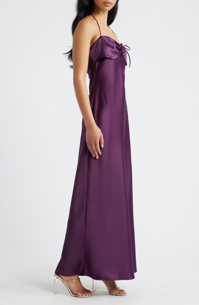 Princess Polly Fireproof Ruched Halter Satin Gown, Alternate, color, Plum