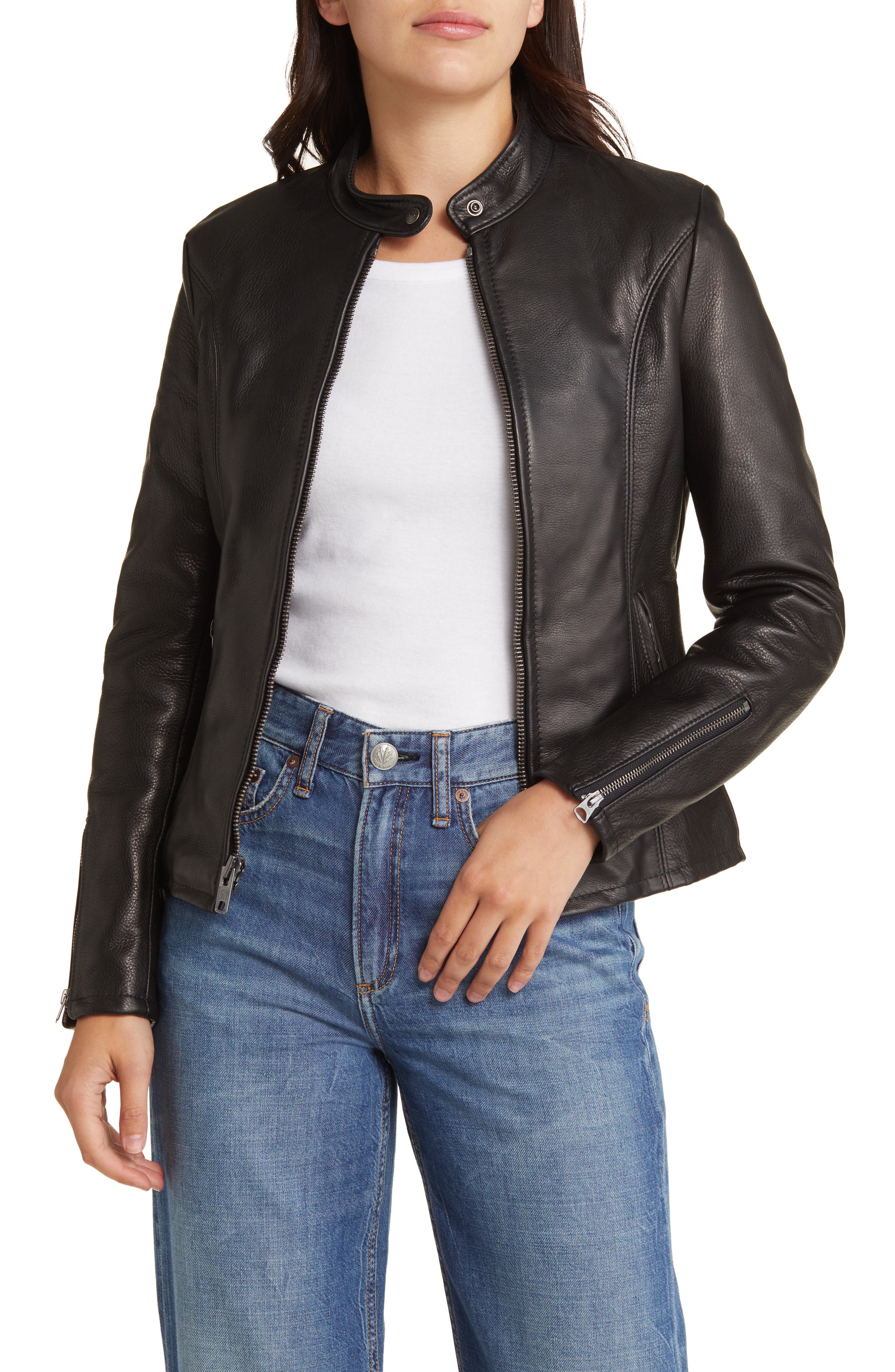 Schott NYC Leather Cafe Racer Moto Jacket in Black 