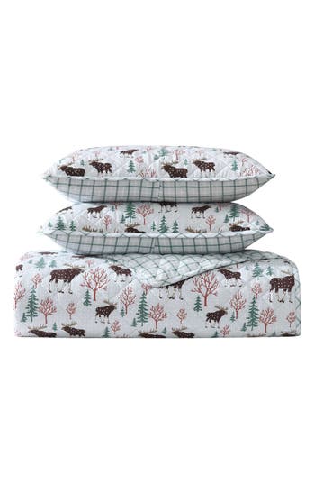 Eddie Bauer Mountain Moose Cotton Flannel Twin Quilt & Sham Set In Light Pastel Grey