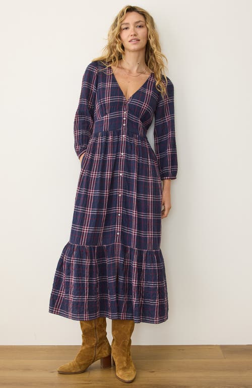 Marine Layer Maeve Plaid Long Sleeve Tiered Midi Dress In Multi