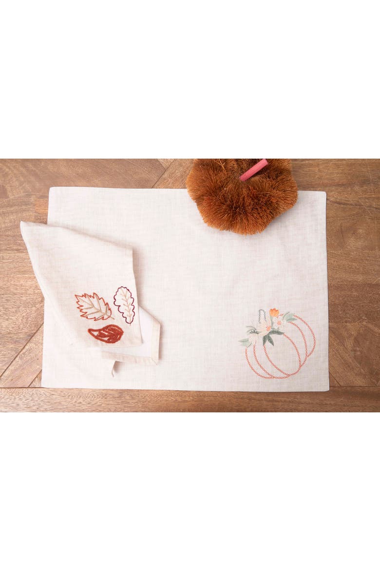 Beige Autumn Botanical Pumpkin 100% Cotton Embroidered Set of 6 Placemats 14" x 20", Alternate, color, Beige
