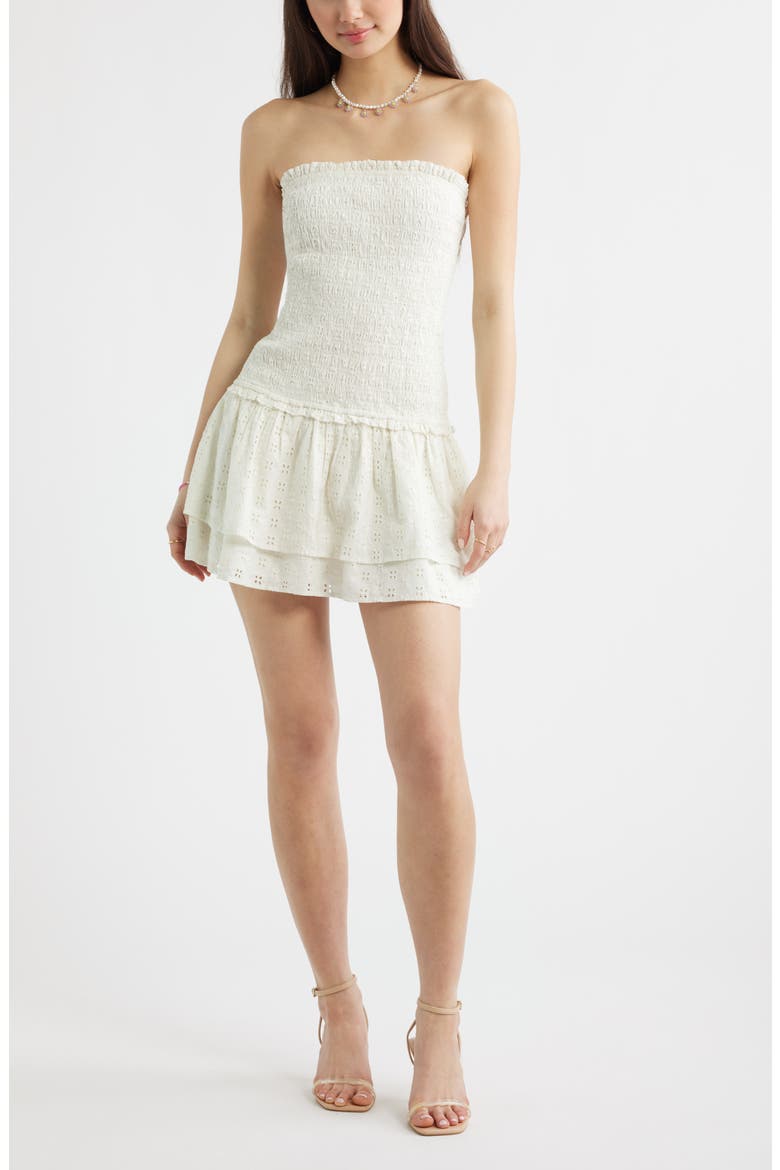 Strapless Smocked Cotton Eyelet Minidress, Main, color, IVORY