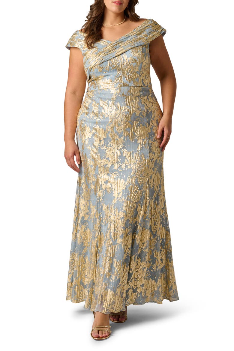 adrianna papell gold dress Women's Foil Leaf Draped Gown dropping details make this foiled mermaid gown a must Plus Size Foil Leaf Off-The-Shoulder