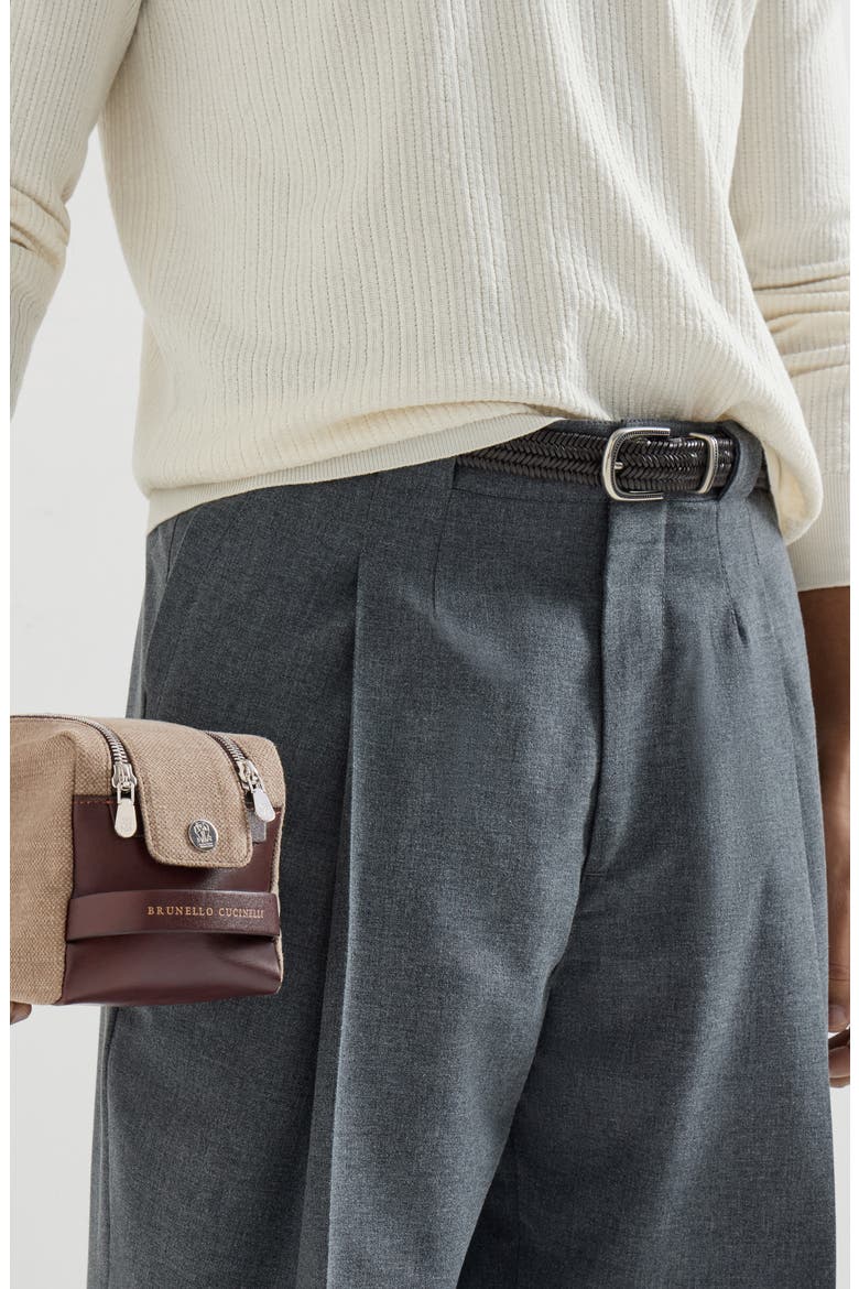 Water-resistant canvas and burnished calfskin beauty case with double zipper, Alternate, color, Leather