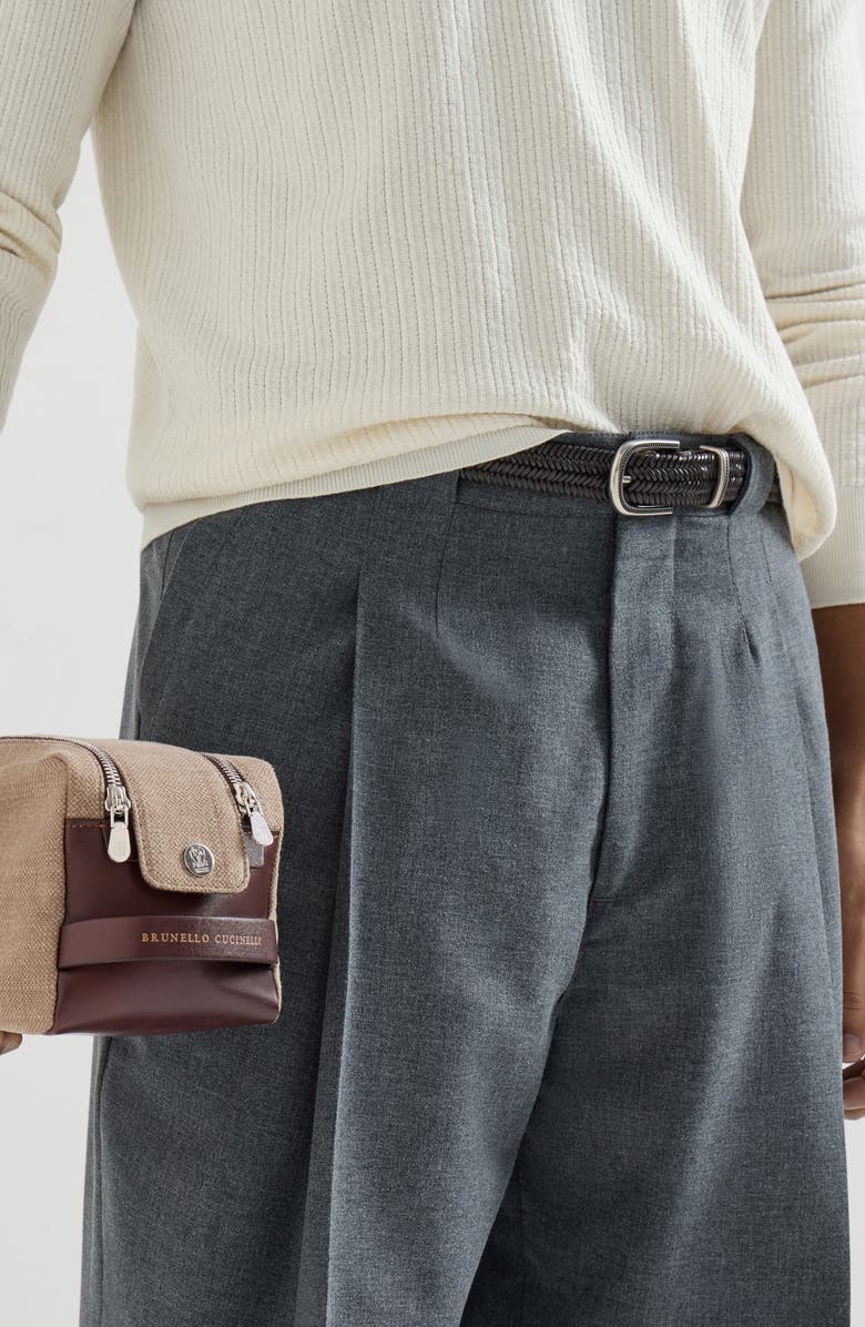 Brunello Cucinelli Canvas and burnished calfskin beauty case, Alternate, color, Leather