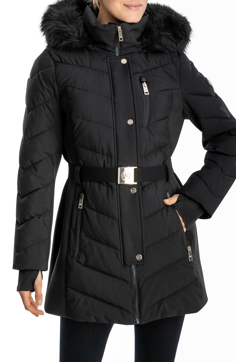 Michael Kors Faux Fur Hooded Belted Puffer Jacket, Main, color, 