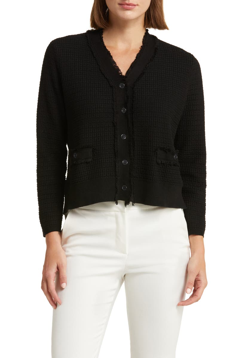 Adrianna Papell Frayed Waffle Knit Cardigan, Main, color, Black