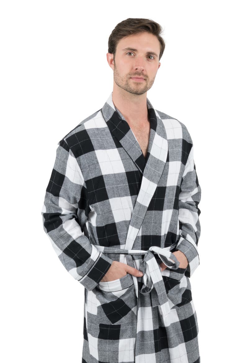 Men's Flannel Robe, 100% Cotton, Alternate, color, White/Black Plaid
