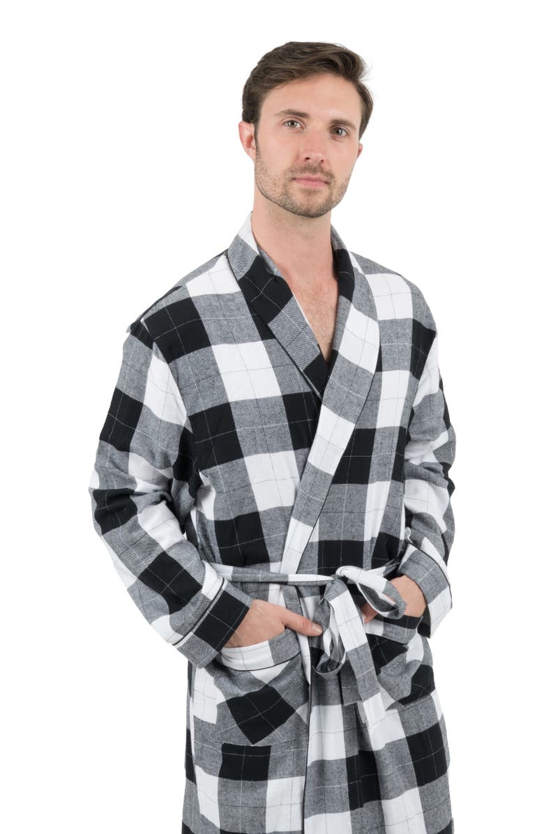 Leveret Men's Flannel Robe, 100% Cotton, Alternate, color, Plaid Black & White