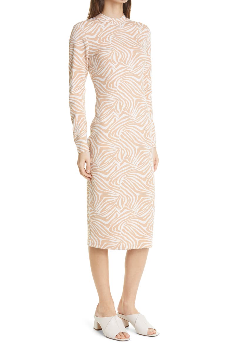 Zebra Print Long Sleeve Midi Dress, Alternate, color, CAMEL
