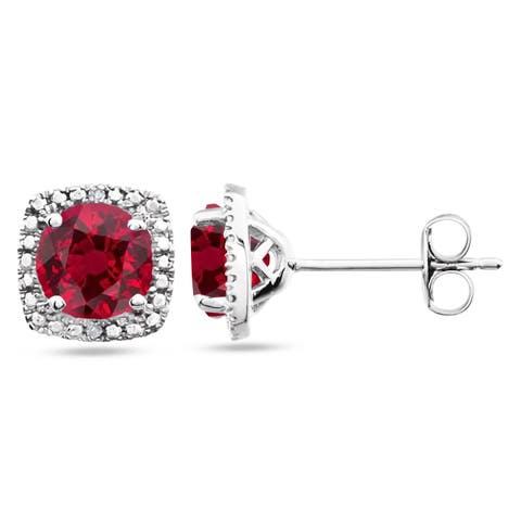 Lab Grown Ruby & Natural Diamond Stud Earrings Sterling Silver