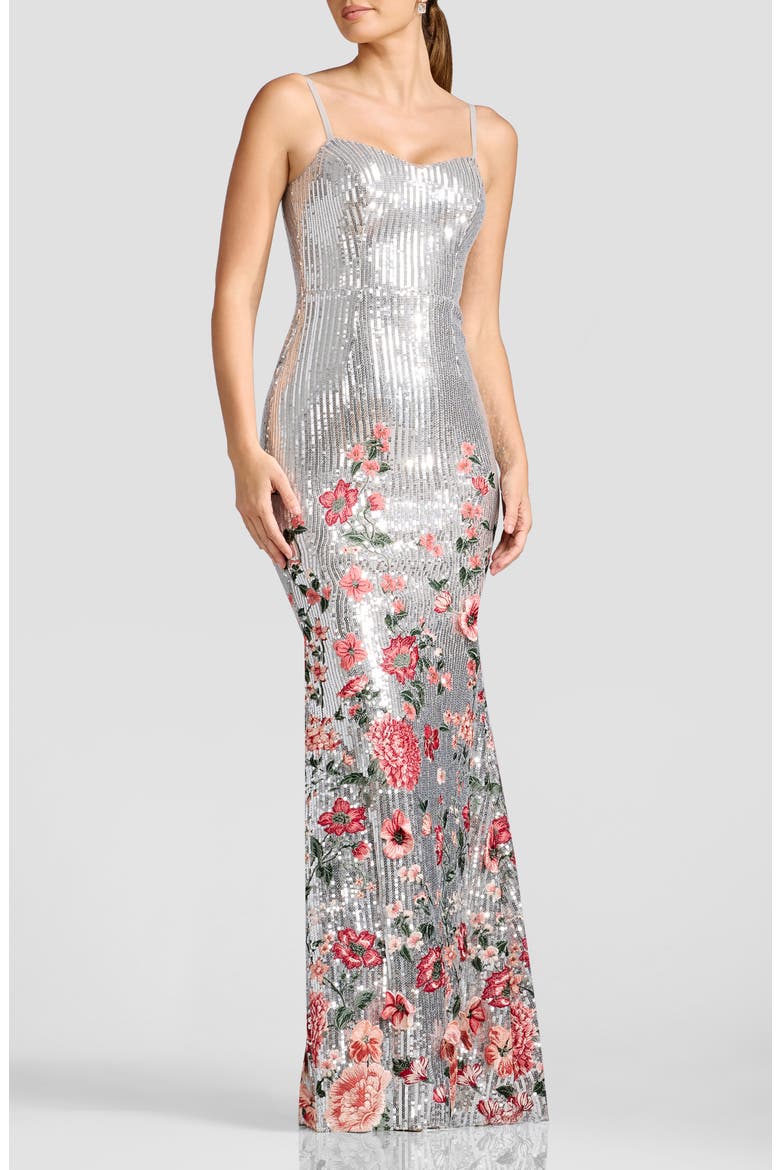 Giovanna Floral Embroidery Sequin Mermaid Gown, Main, color, SILVER MULTI