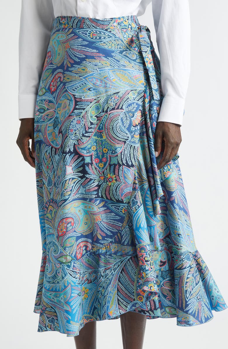 Etro Paisley Print Wrap Skirt, Alternate, color, Print On Blue Base