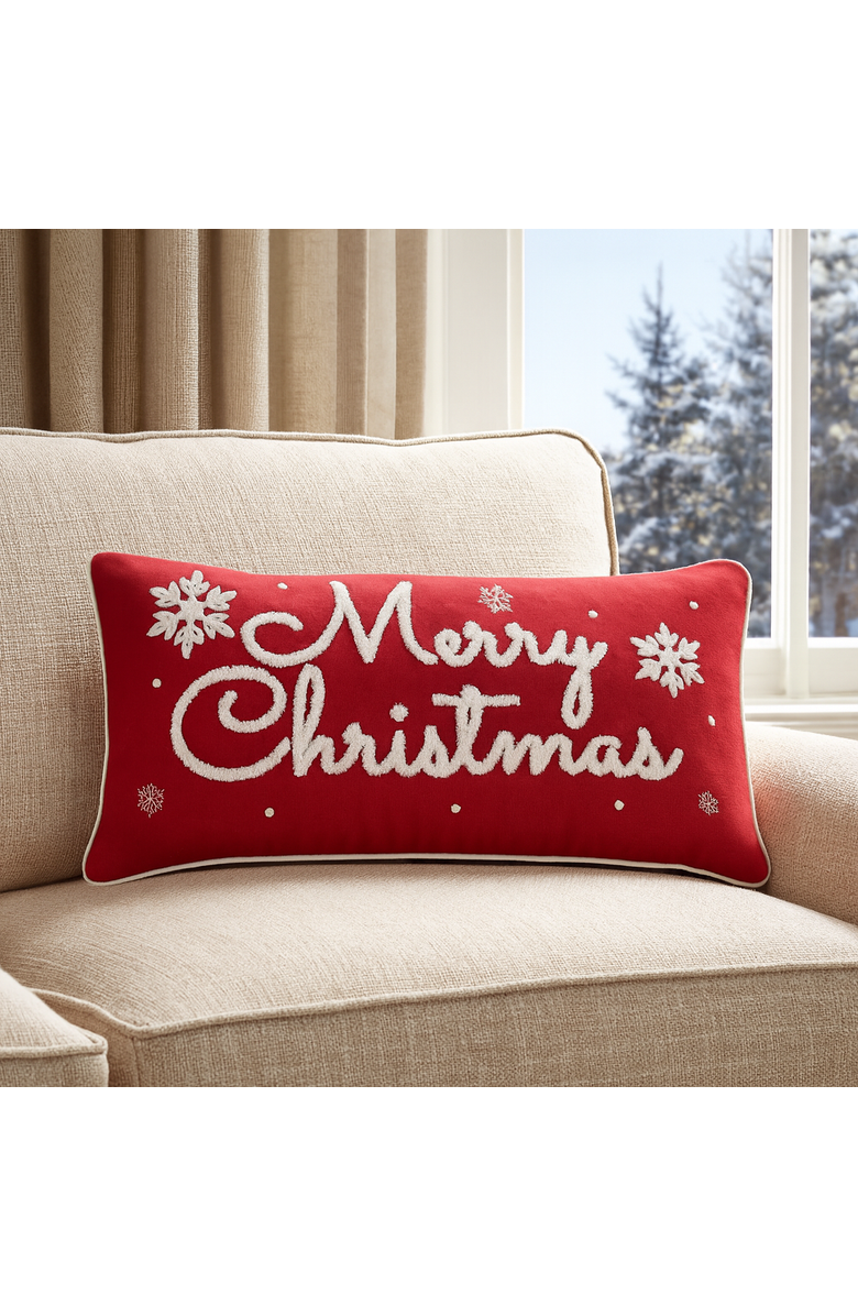 C&F Home "Merry Christmas" Snowflakes Red Embroidered Mini Accent Pillow 12" x 24", Alternate, color, Red