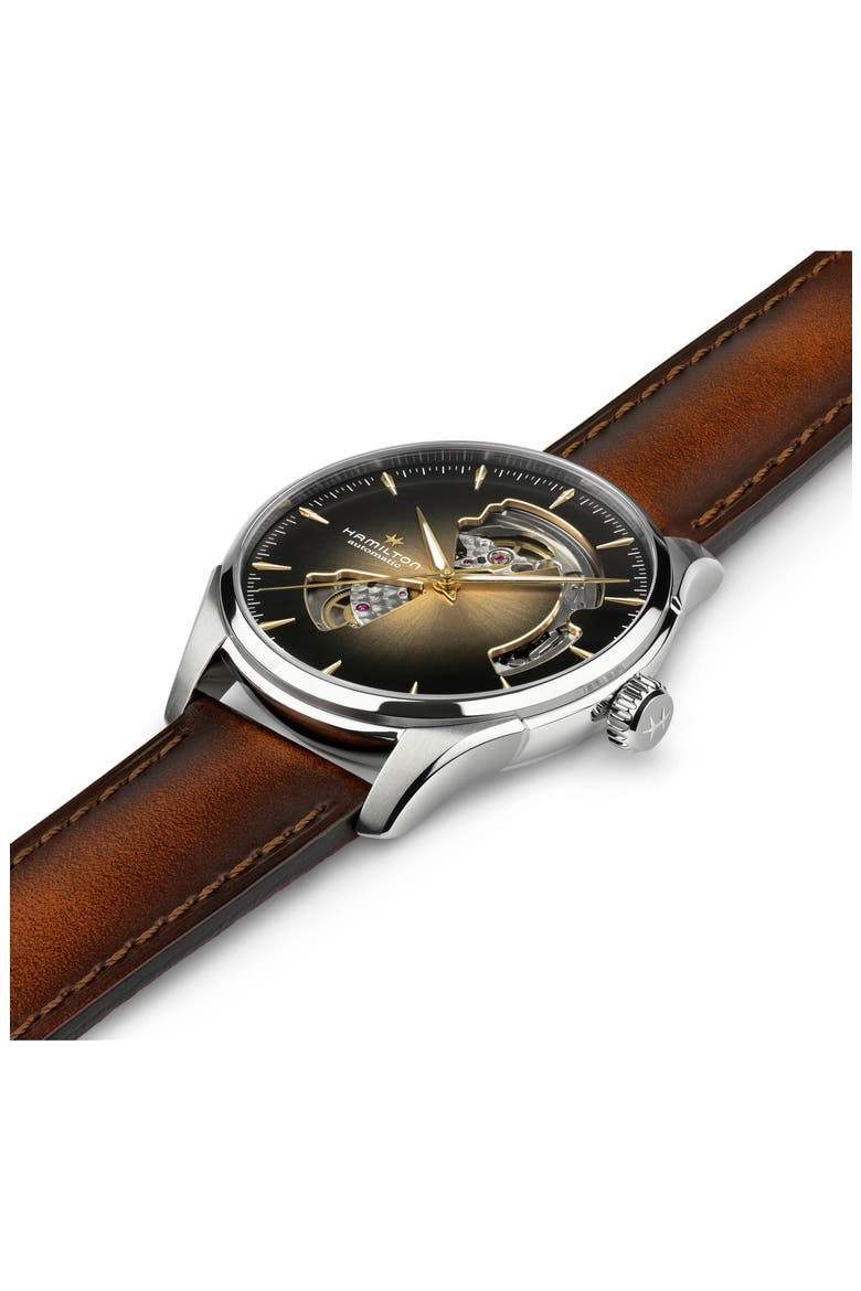 Jazzmaster Open Heart Automatic Leather Strap Watch, 40mm, Alternate, color, GOLD