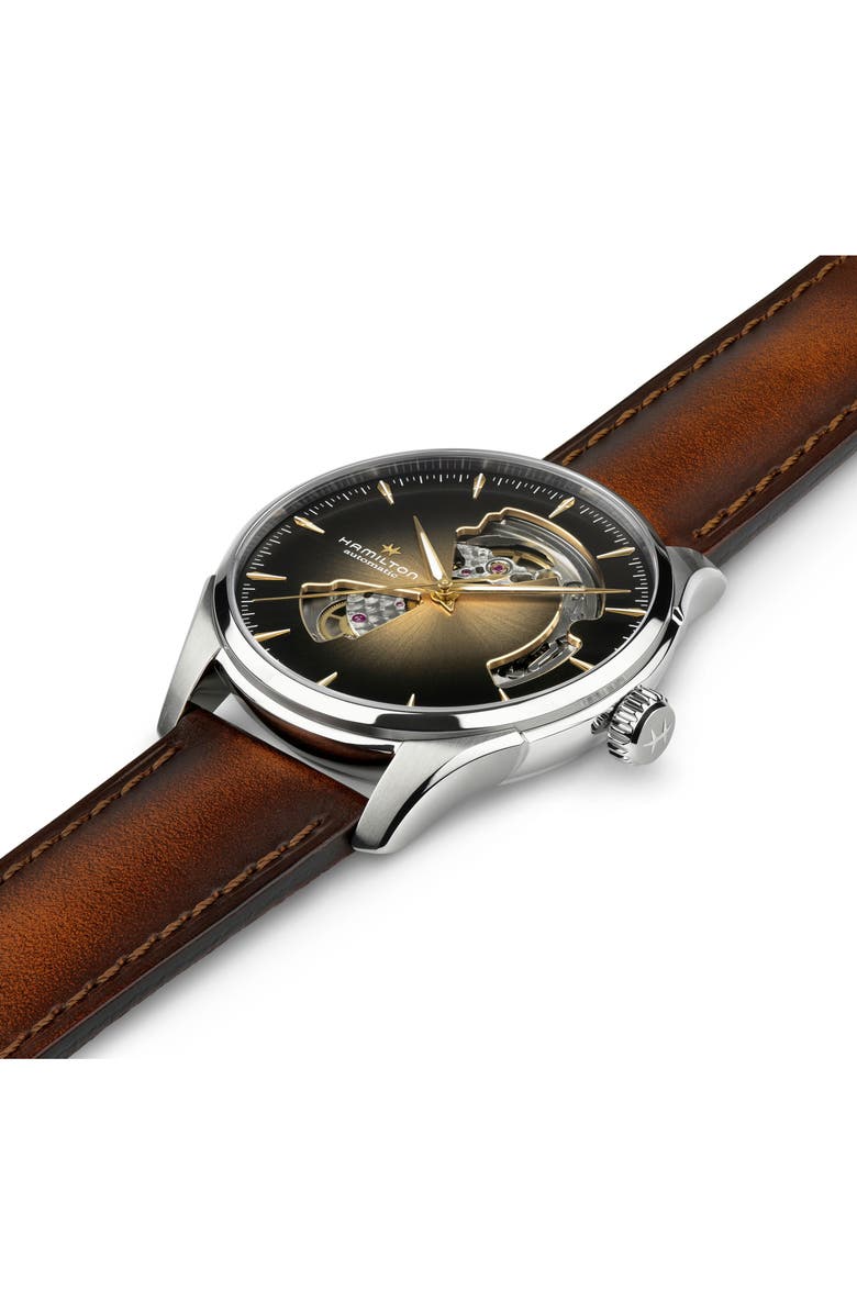 Hamilton Jazzmaster Open Heart Automatic Leather Strap Watch, 40mm, Alternate, color, Gold