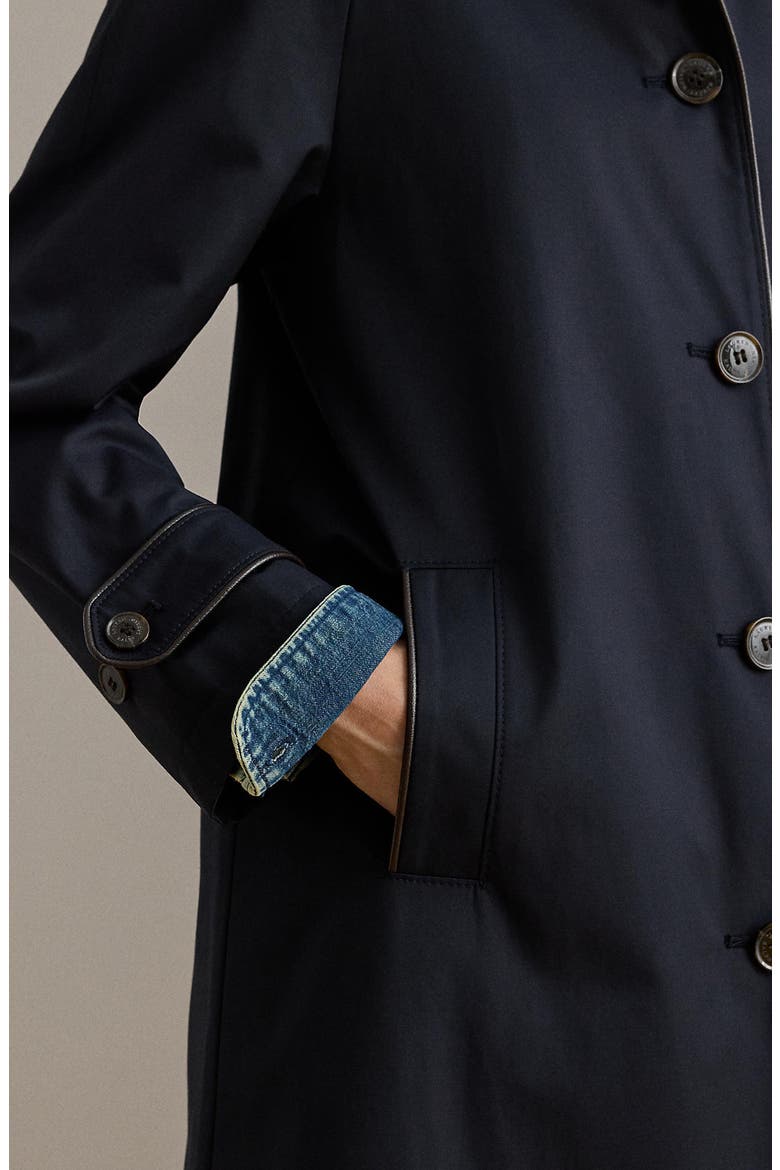 Balmacaan Single Breasted Raincoat with Faux Leather Trim, Alternate, color, DK NAVY