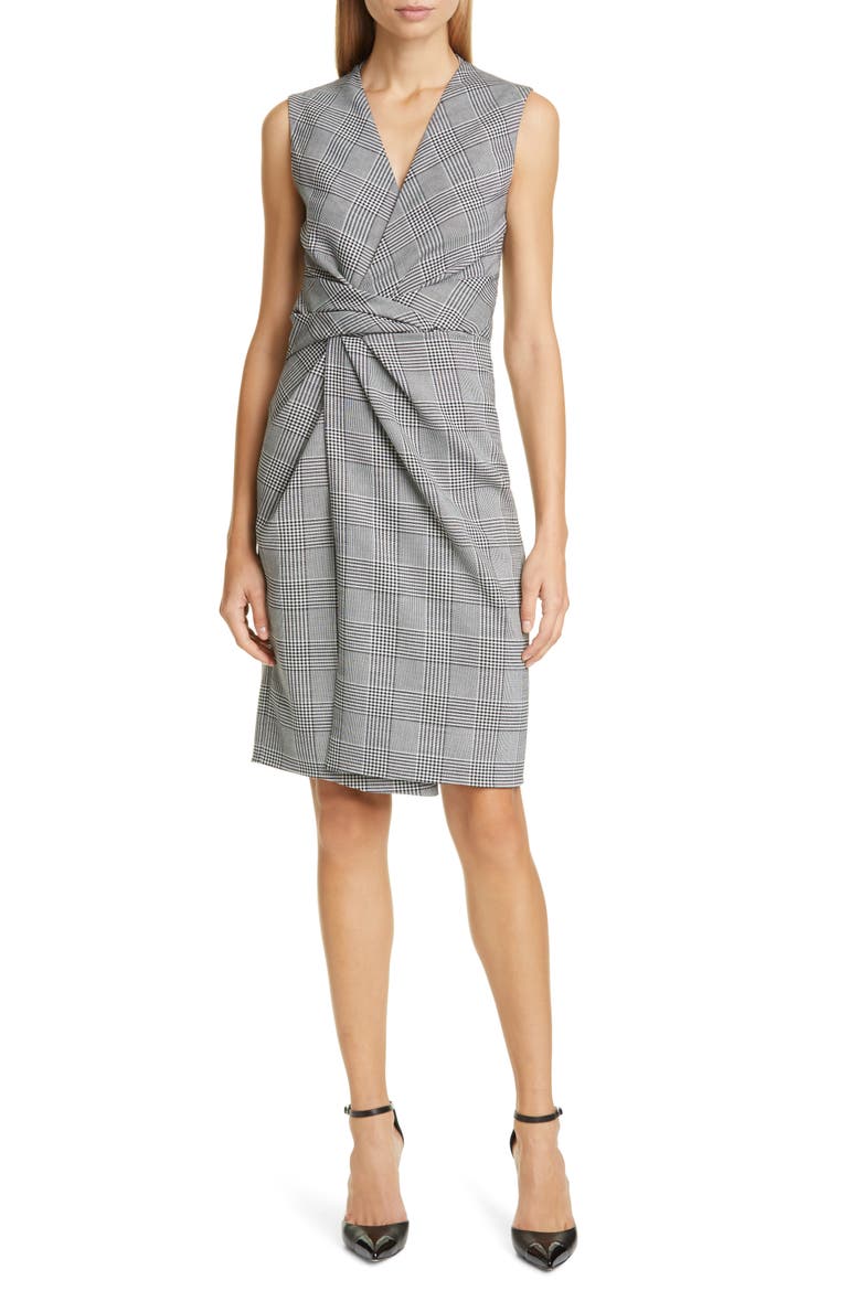 Glen Plaid Drape Waist Sheath Dress, Main, color, BLACK/ WHITE MULTI