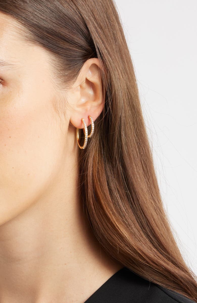 Nordstrom Set of 2 Cubic Zirconia Pavé Skinny Hoop Earrings, Alternate, color, Clear- Gold