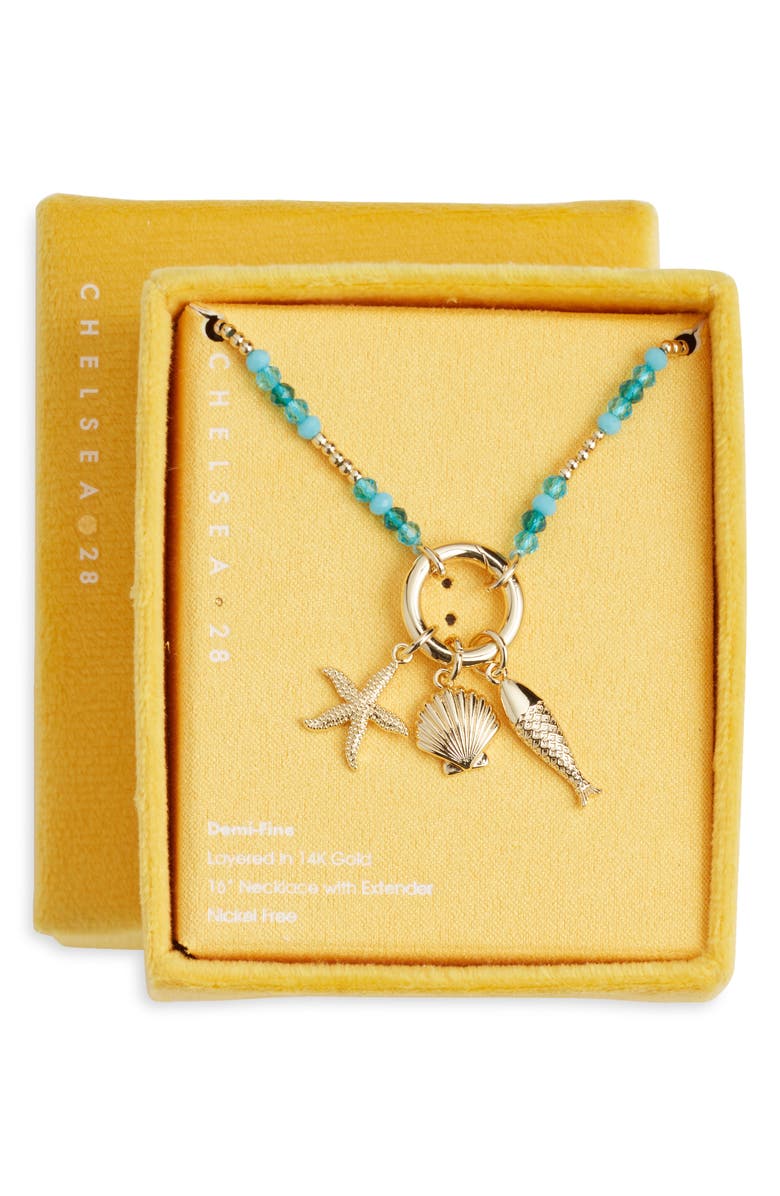 Chelsea28 Demi Fine Bead Fish Charm Necklace, Main, color, Turquoise Multi- Gold