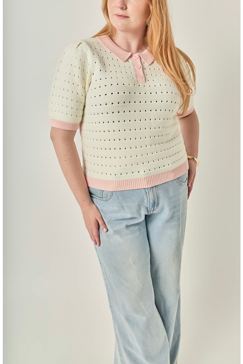 Colorblock Pointelle Short Sleeve Polo Sweater, Alternate, color, IVORY/ PINK