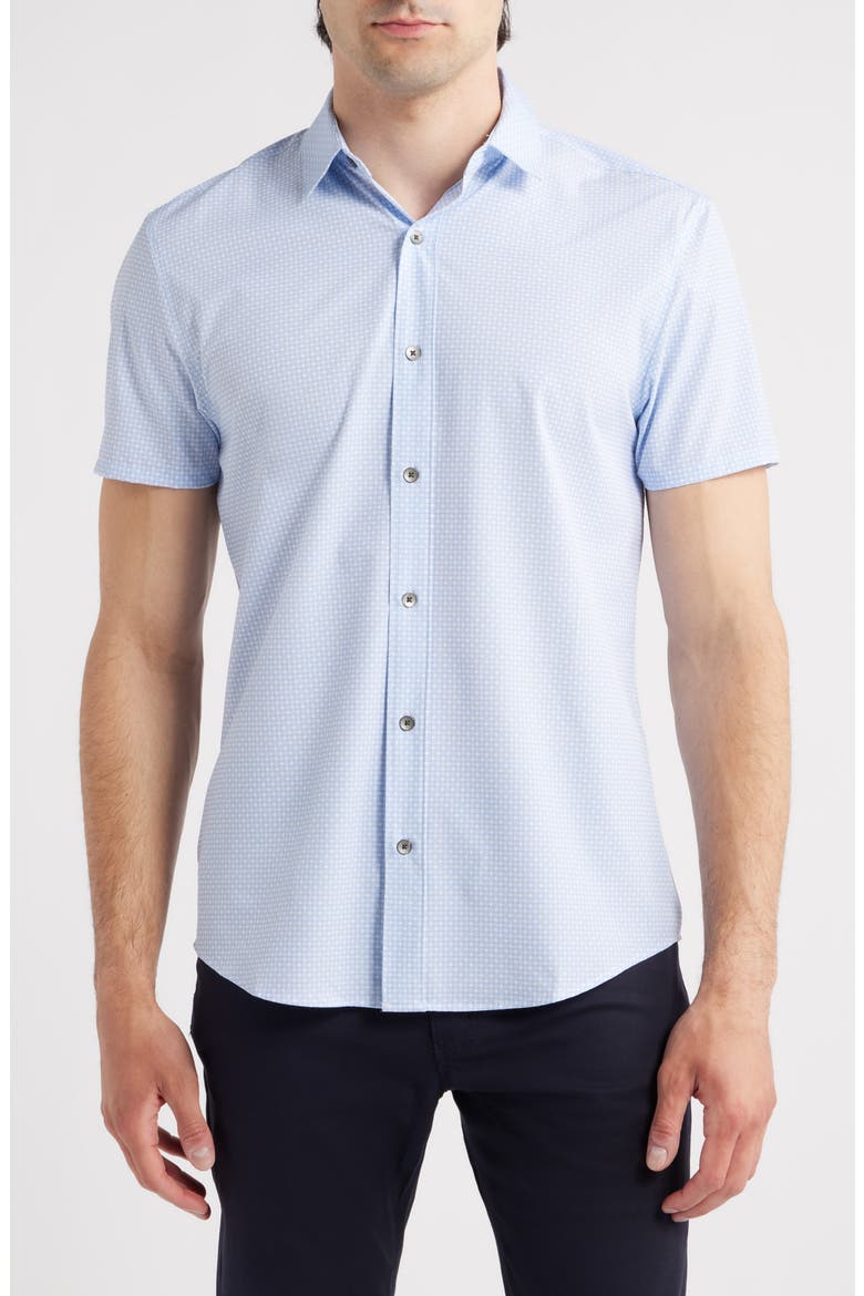 Trim Fit Floral Medallion Print Short Sleeve Performance Button-Up Shirt, Main, color, LIGHT BLUE