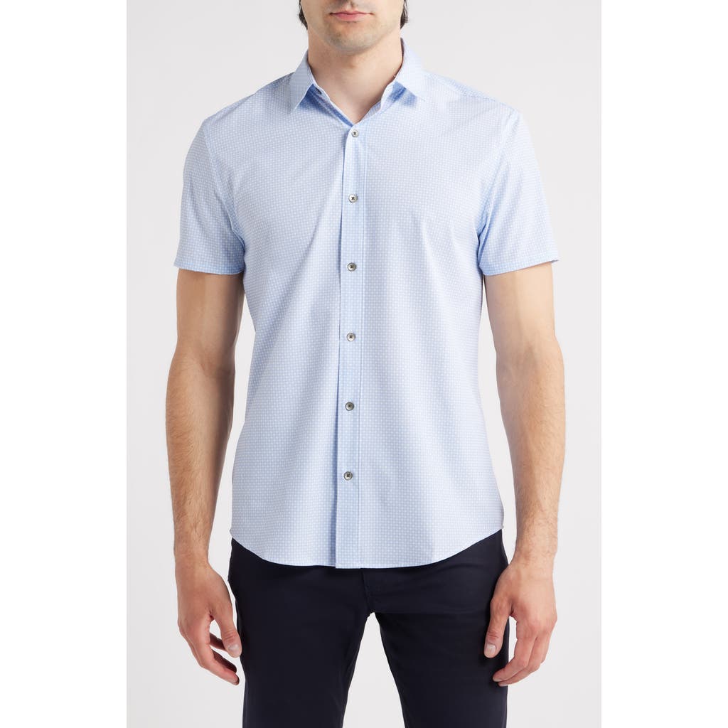 Wrk W.r.k Cross Hatch Microprint Short Sleeve Performance Button-up Shirt In Blue