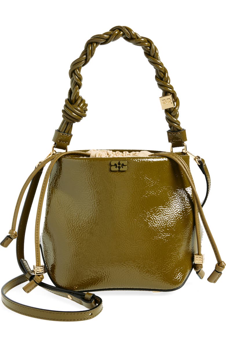Ganni Bou Patent Crinkle Leather Bucket Bag, Main, color,