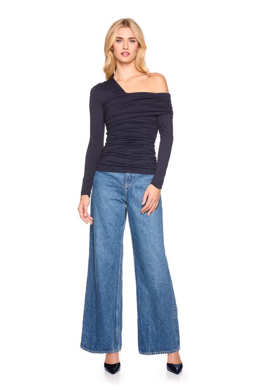 Susana Monaco Asymmetric Off The Shoulder Ruched Long Sleeve Top In Blue