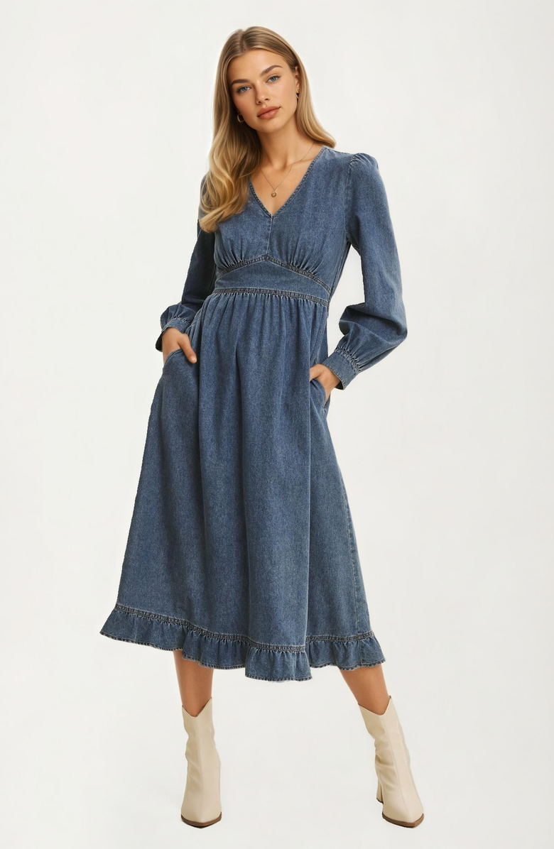 Knit and Lounge Long-Sleeve Denim V-Neck Ruffle-Hem Midi Dress, Main, color, 